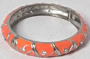 Florescent Orange Enamel Rhinestone Silver Tone Spring Clamper Closure Bracelet